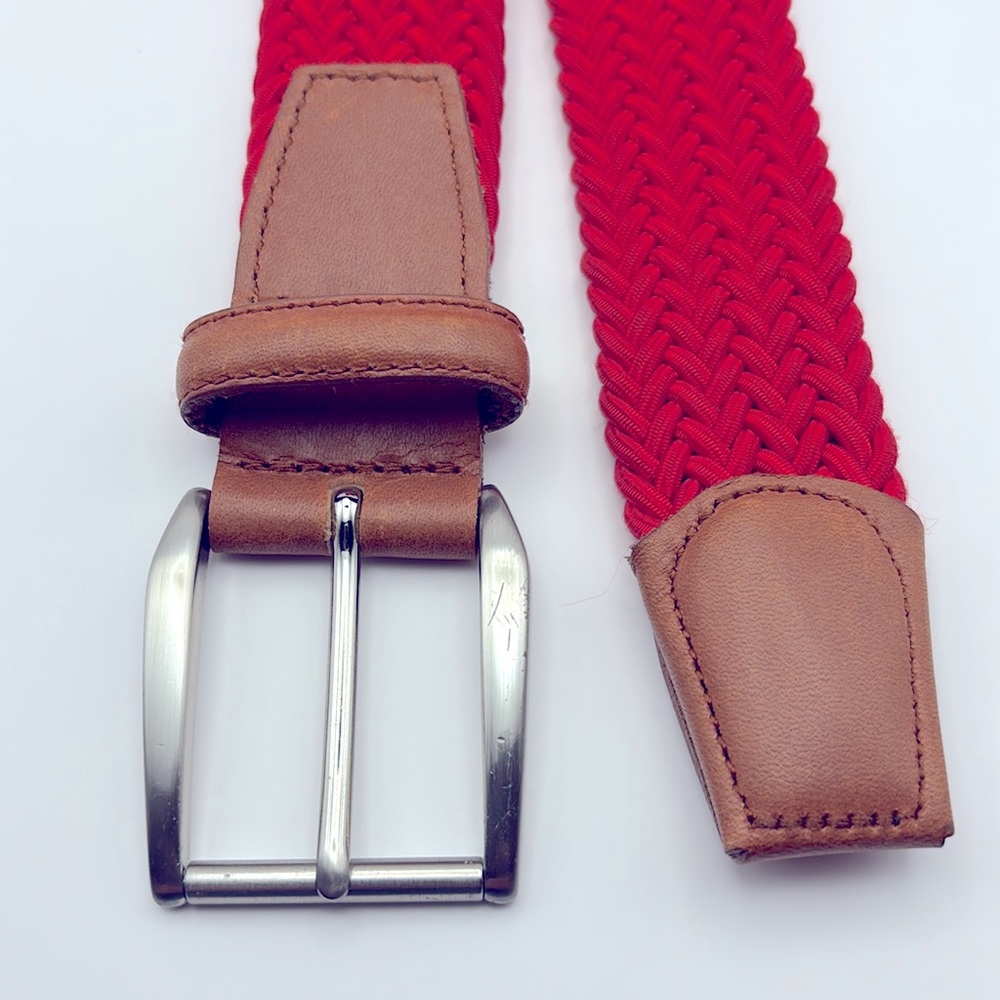 Brooks Brothers 346 Red Braided Woven Stretch Belt Brown Leather Buckle Size 40